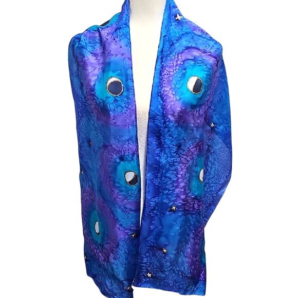 Signed Vibrant Blue Purple Gold White Silk Neck Scarf Gorgeous Floral Design - Picture 2 of 10